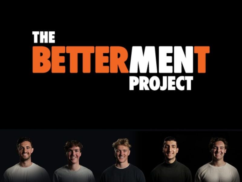 The Betterment Project logo - with the project title and 5 men's heads and torso's lined up at the bottom of the screen.