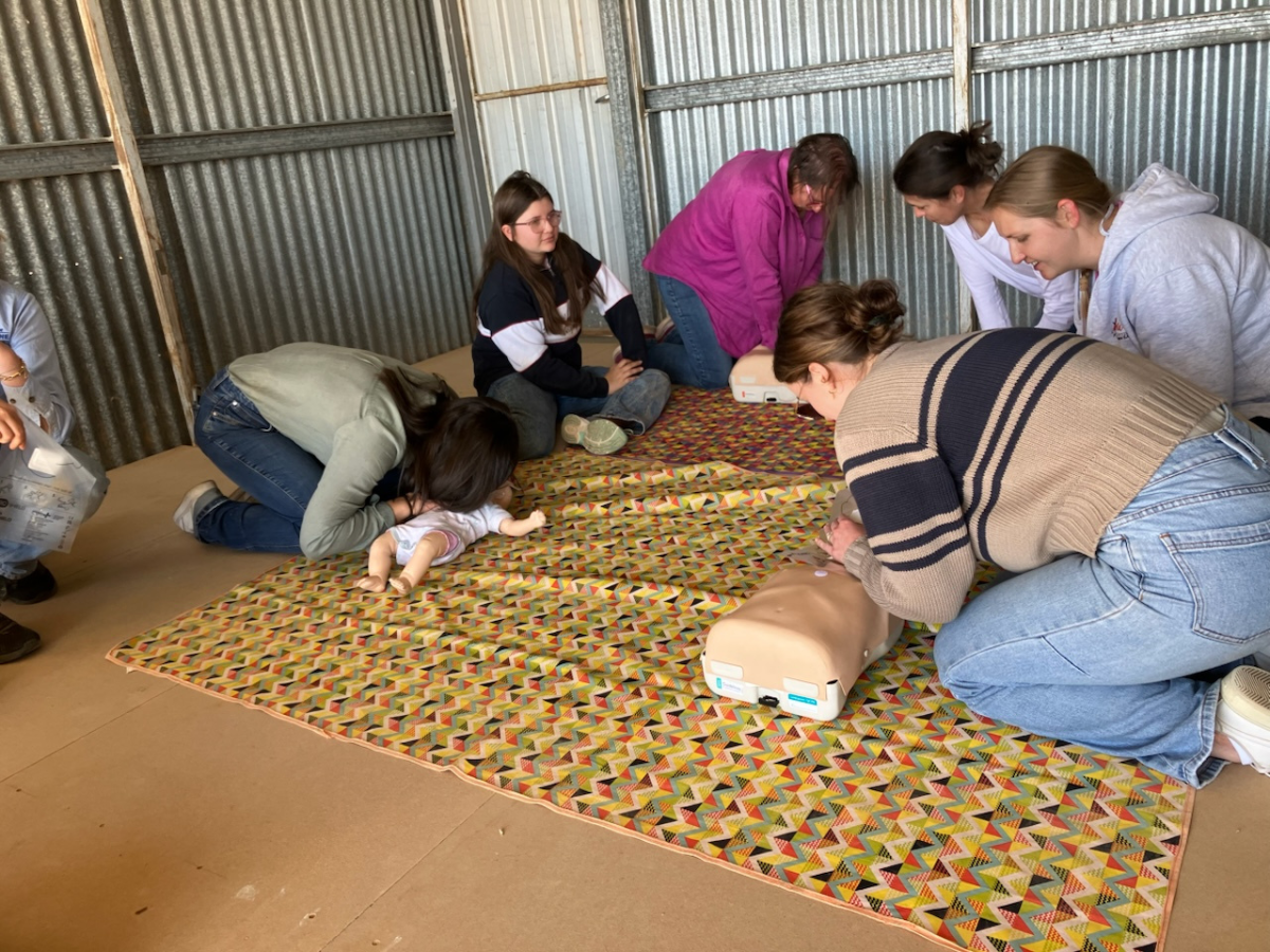 Group of women perform CPR training on dummies. 