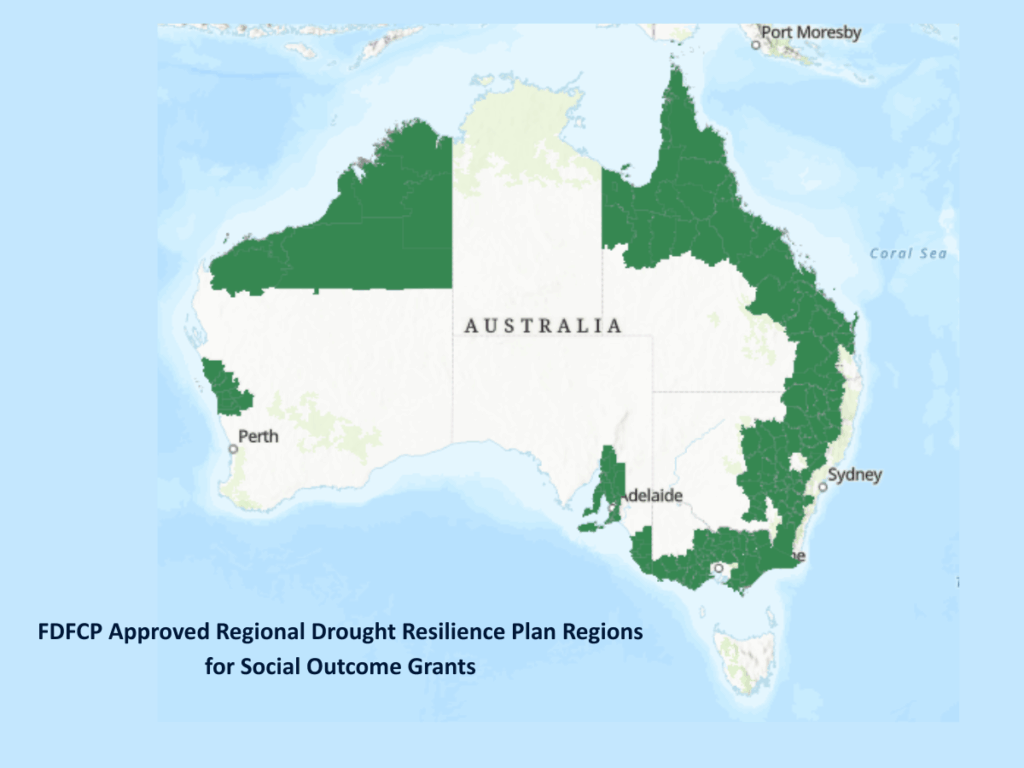 Map of Australia showing the approved RDRP Social Outcome Grant regions.