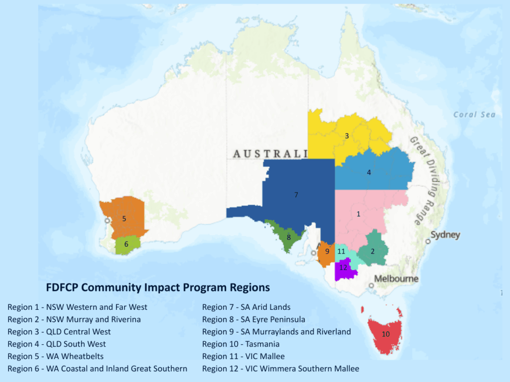 Map of Australia showing the eligible regions for the Community Impact Program.