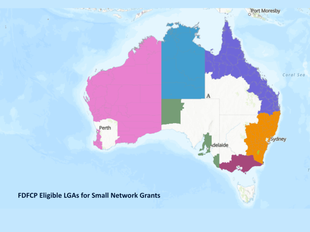 A map of Australia indicating the LGAs eligible to apply for Small Network Grants.