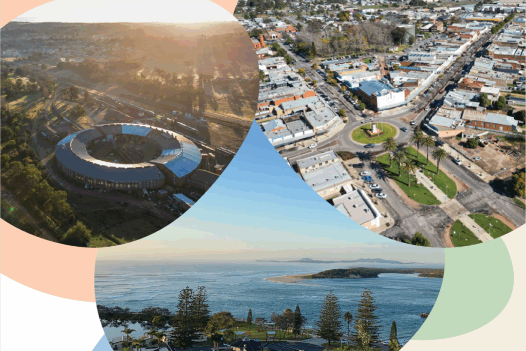 A series of three overlapping photos showing aerial images of the three IRCF NSW pilot towns.