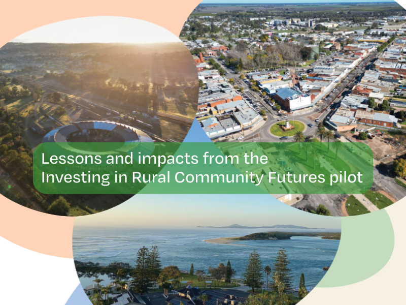 Three aerial images stylised in graphics with words overlayed over the top in a green box saying 'Lessons and impacts from the Investing in Rural Community Futures pilot
