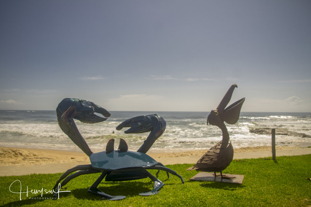 Crab and pelican sculpture by the sea, made by Nambucca High students