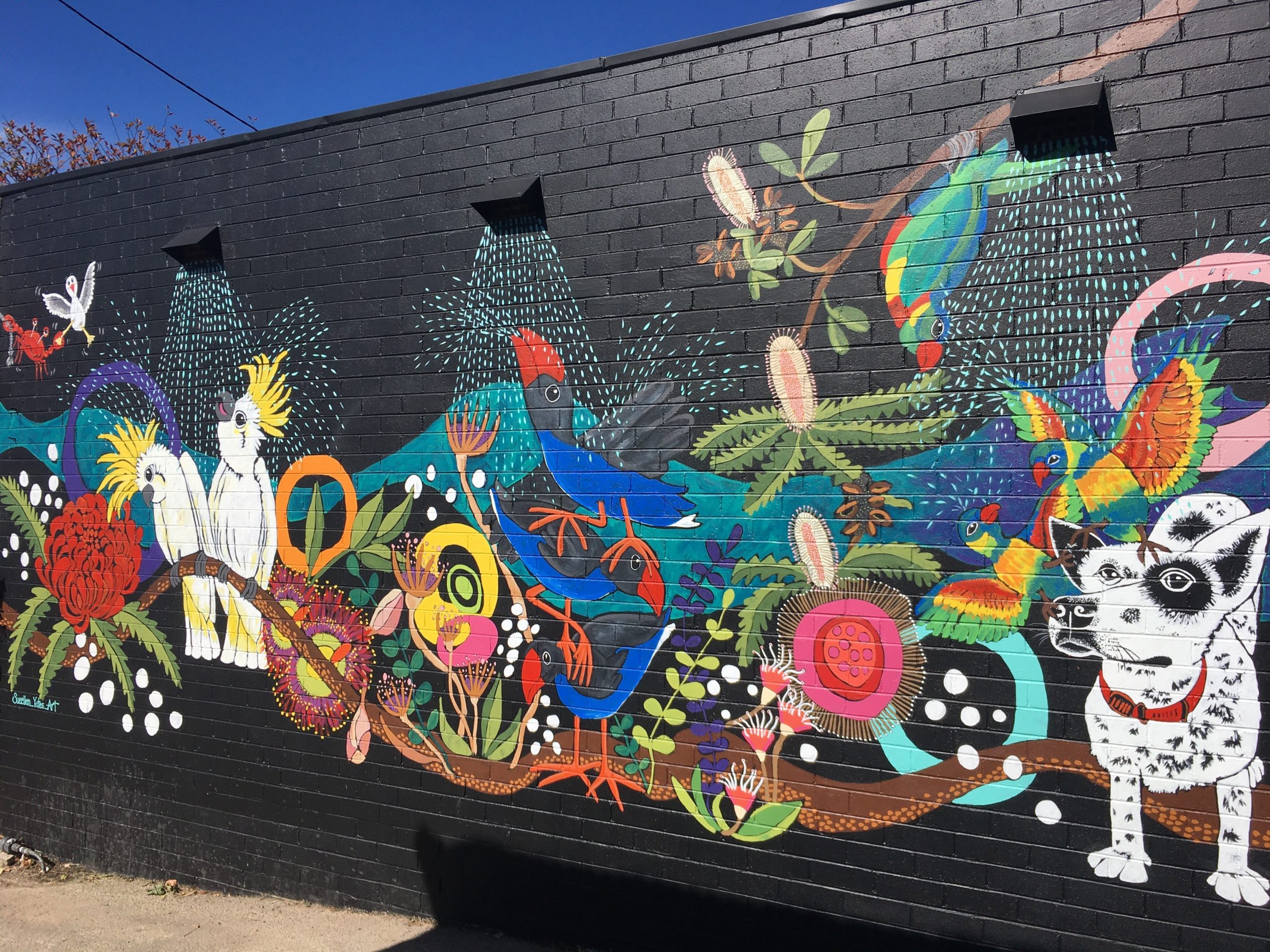 A bright mural painted on a dark wall picturing flora and fauna
