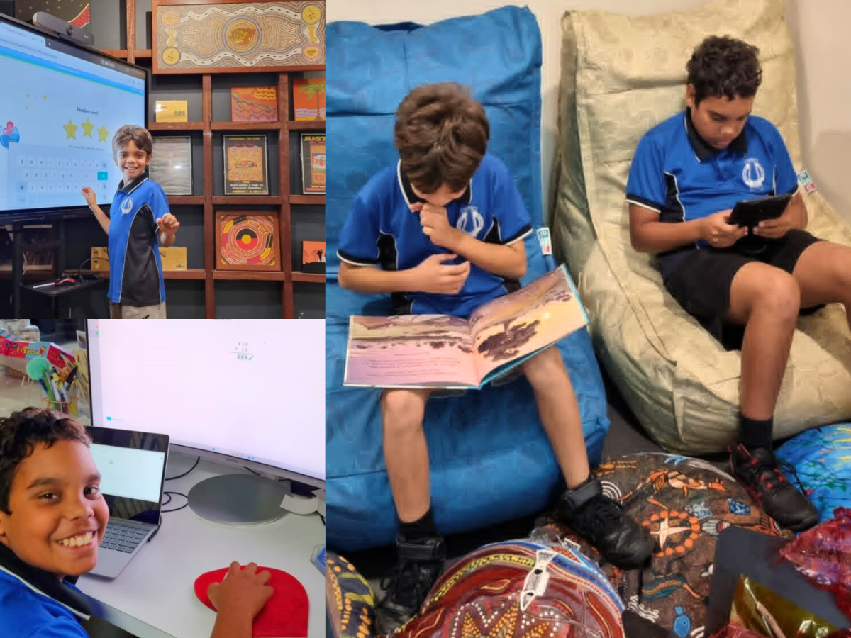 A compilation of three images - all showing young students from Boola Bidi Dreaming Centre using new digital leanring equipment. 