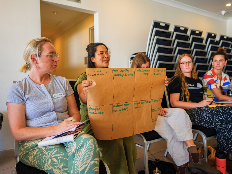 Woman presenting workshop notes to seated group